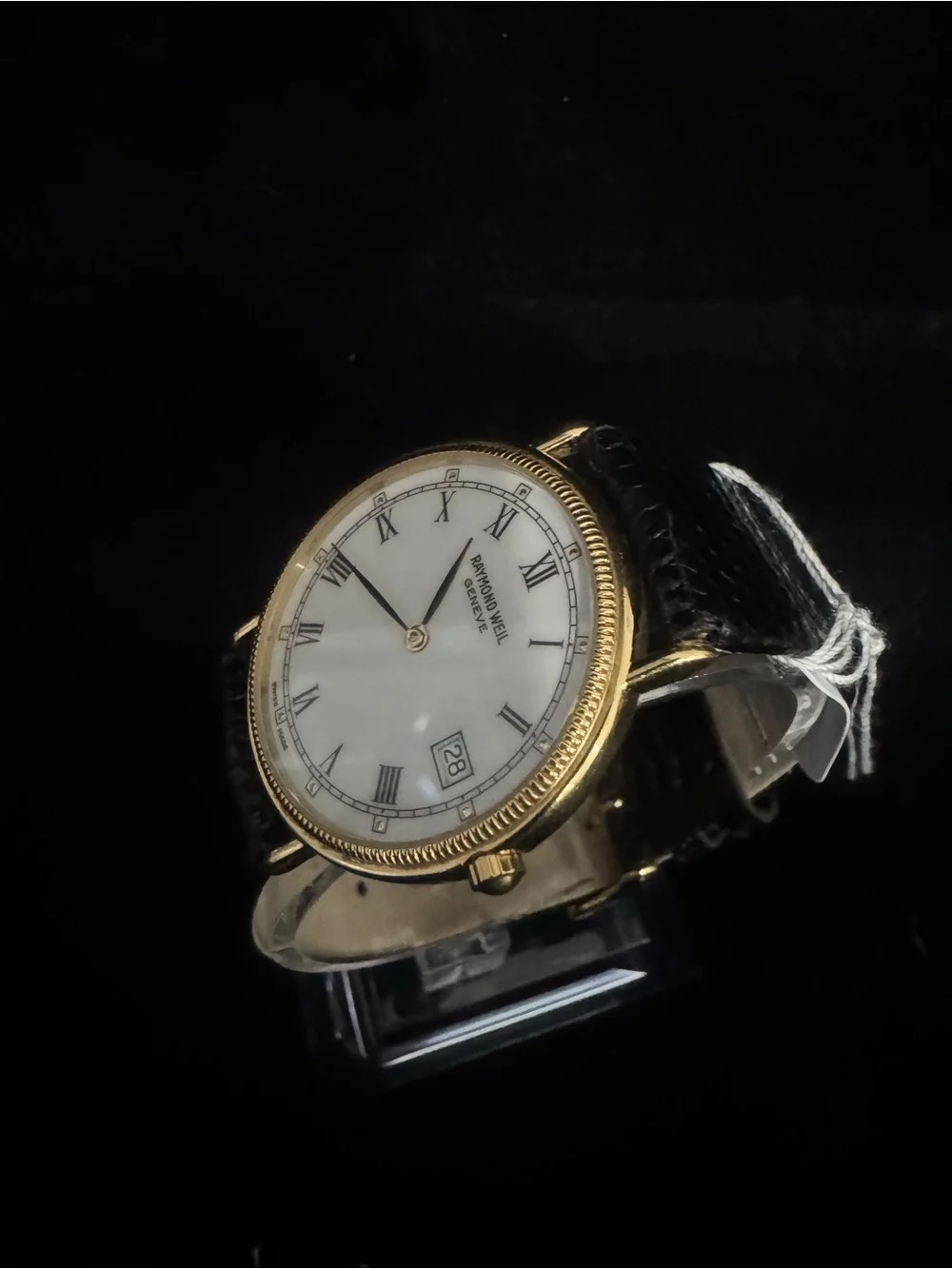 #137 Raymond Weil Gold Case White Dial Watch with Black Leather Strap